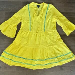 Scoop NYC Yellow Dress Beach Cover up 100% Cotton Gauzy Summer Boho Sz Large